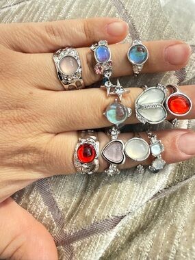 10 Silver fantasy Rings - Assorted Colors